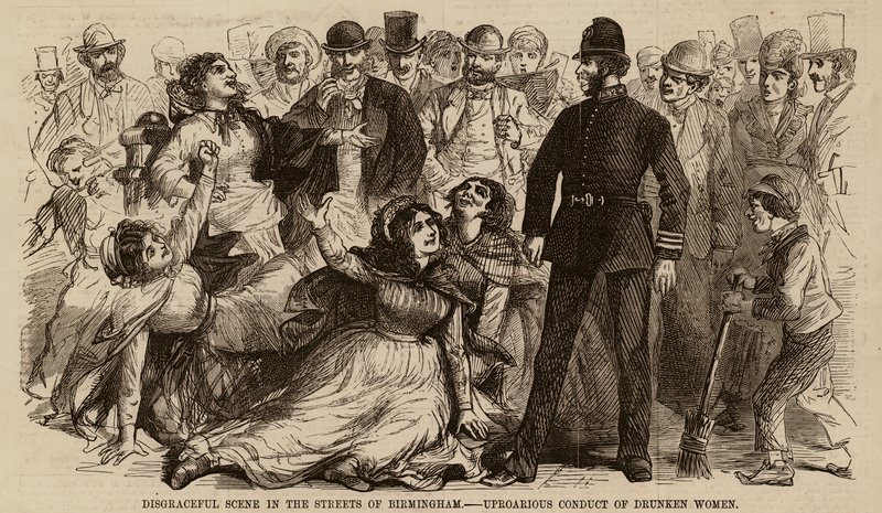 Escena vergonzosa en las calles de Birmingham, conducta desternillante de mujeres borrachas (grabado) de English School