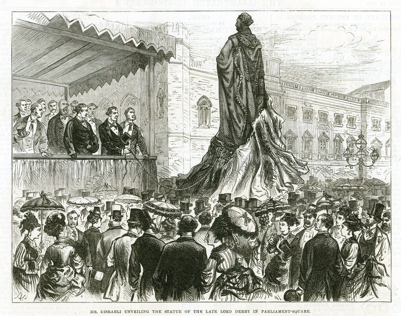 Disraeli develando la estatua del difunto Lord Derby en Parliament Square, Westminster de English School
