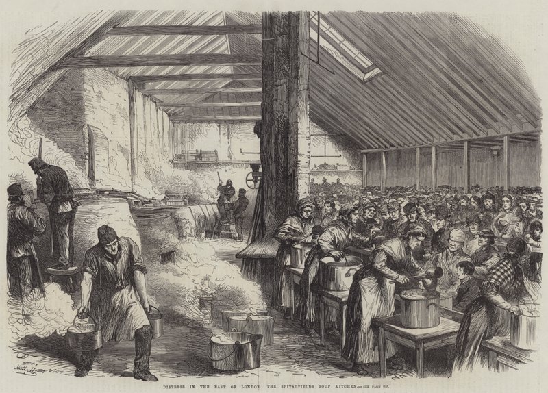 La angustia en el este de Londres, la cocina de sopa de Spitalfields (grabado) de English School