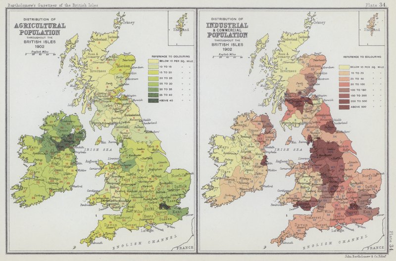 Distribución de la población agrícola, Distribución de la población industrial y comercial (litografía en color) de English School