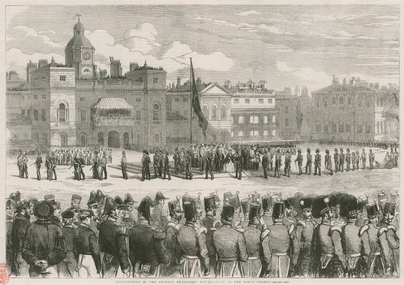Distribución de las medallas de Crimea por Su Majestad en los Horse Guards de English School