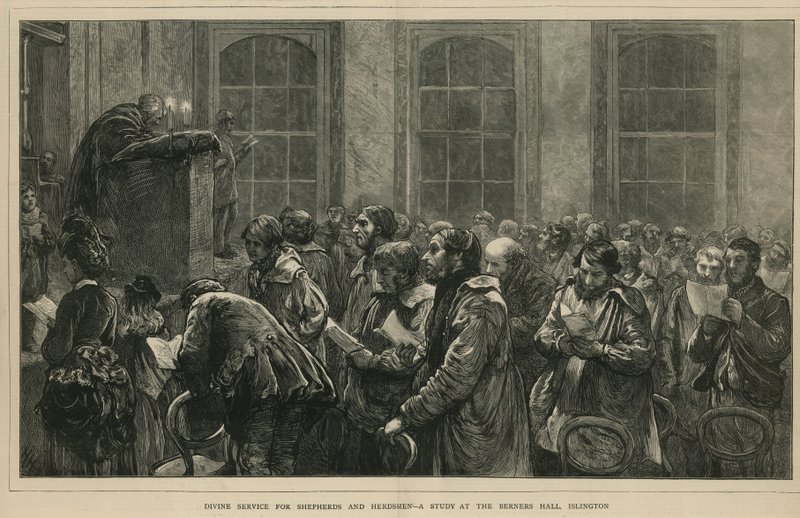 Servicio divino para pastores y ganaderos - un estudio en el Salón Berners, Islington, Londres de English School