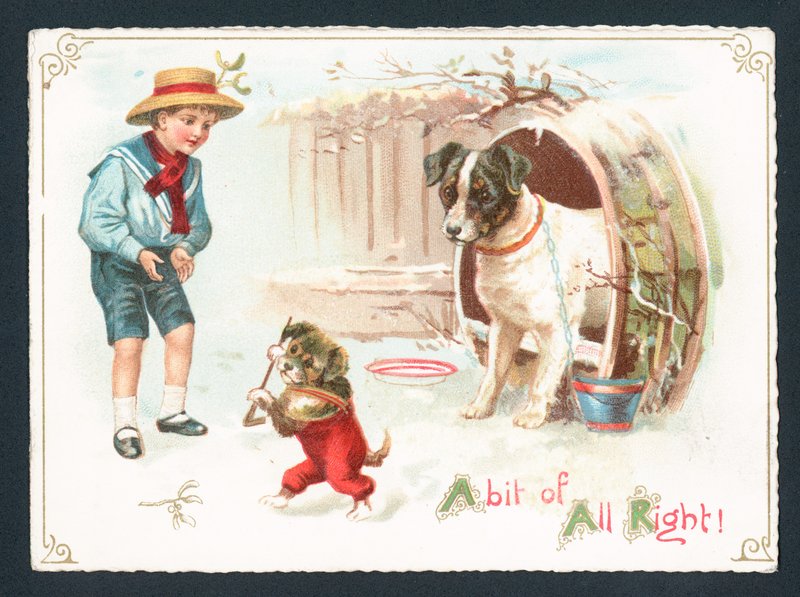 Perro, cachorro y niño jugando en la nieve de English School