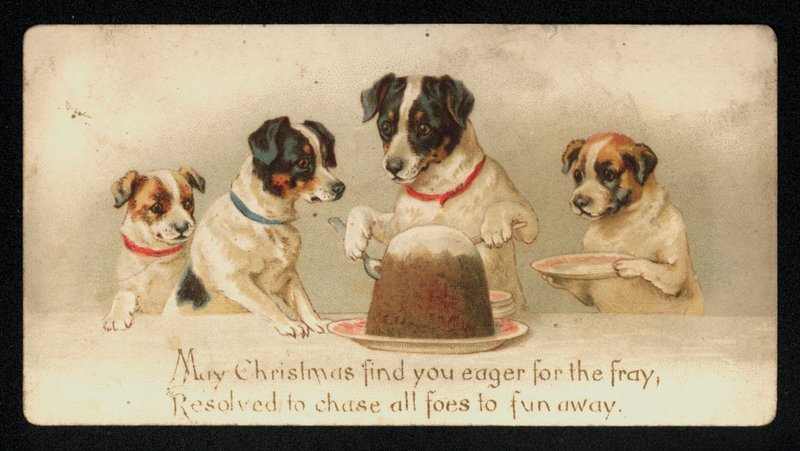 Perros sirviendo un pudín de Navidad, tarjeta de felicitación de English School