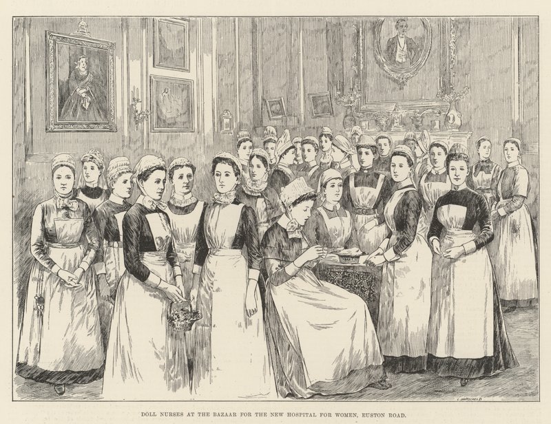 Enfermeras de Muñecas en el Bazar para el Nuevo Hospital para Mujeres, Euston Road (grabado) de English School