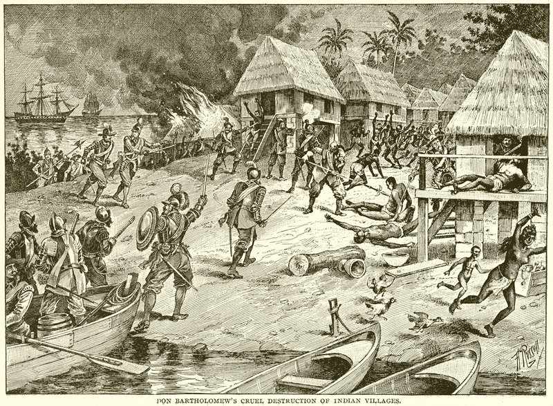 Cruel destrucción de aldeas indígenas por Don Bartolomé de English School