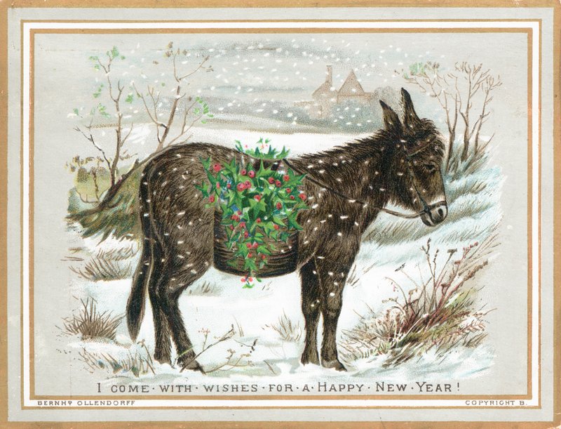 Burro llevando acebo en la nieve, tarjeta de Año Nuevo de English School