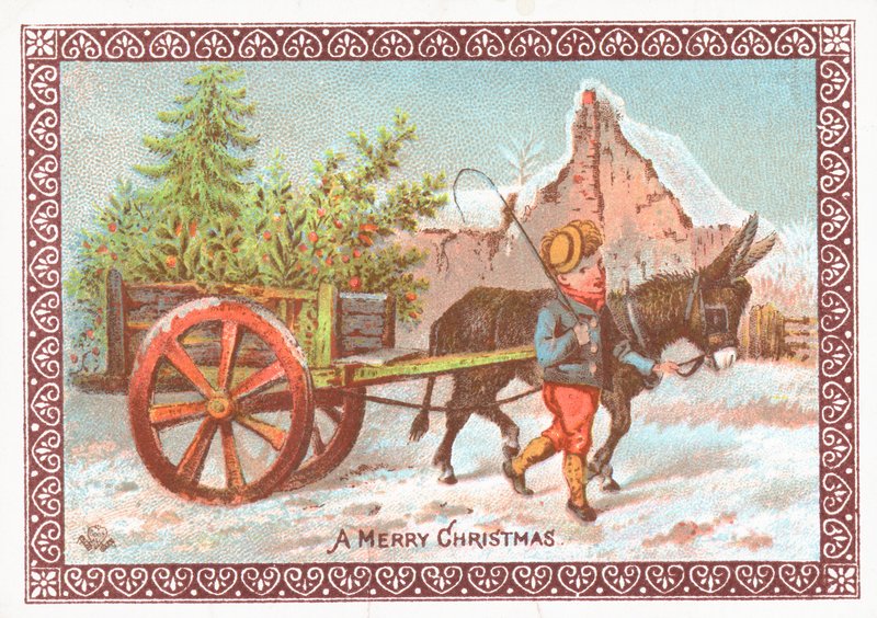 Burro tirando de un carro, tarjeta de Navidad de English School