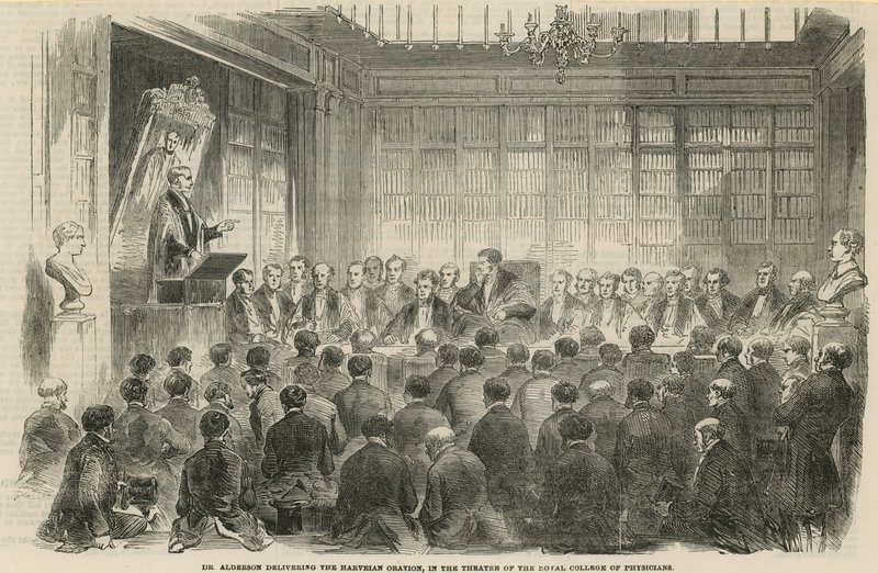 Dr. Alderson dando la Oración Harveiana en el teatro del Royal College of Physicians de English School