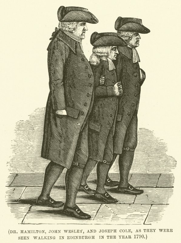 El Dr. Hamilton, John Wesley y Joseph Cole, tal y como se les vio paseando por Edimburgo en el año 1790 (grabado). de English School