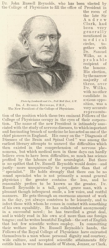 Dr J Russell Reynolds, FRS, el nuevo presidente del Colegio de Médicos (grabado) de English School