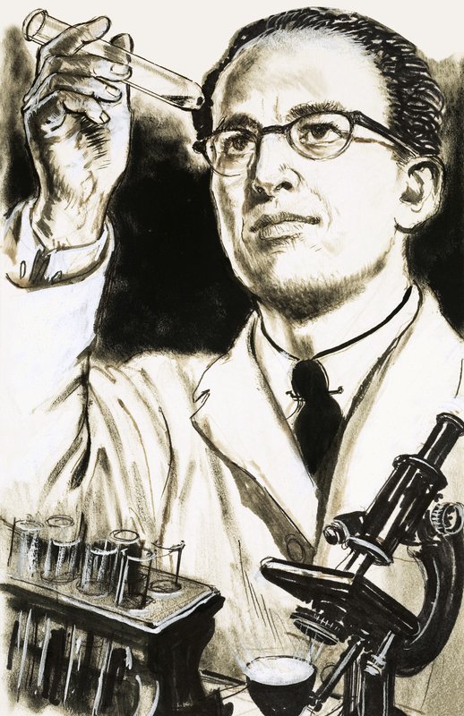 Dr. Jonas Salk, creador de la vacuna contra la polio, observa un tubo de ensayo de English School