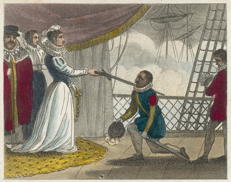 Drake Knighted on board his Ship (grabado en color) de English School