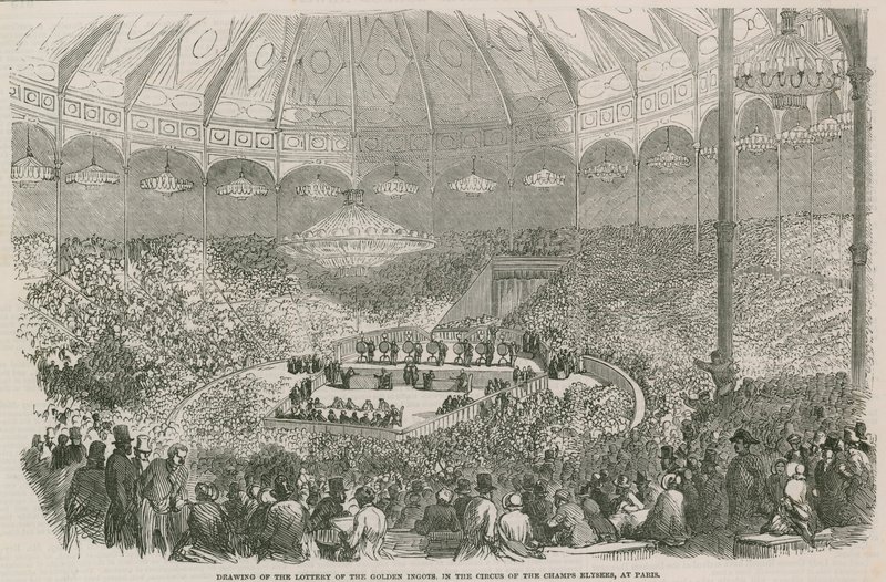 Sorteo de la lotería del Lingote de Oro en el Circo de los Campos Elíseos, París, Francia de English School