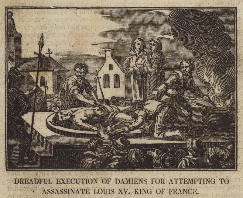 Terrible ejecución de Damiens por intentar asesinar a Luis XV, rey de Francia de English School