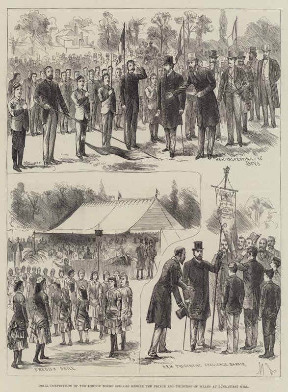Competencia de ejercicios de las escuelas de la Junta de Londres ante el Príncipe y la Princesa de Gales en Buckhurst Hill (grabado) de English School