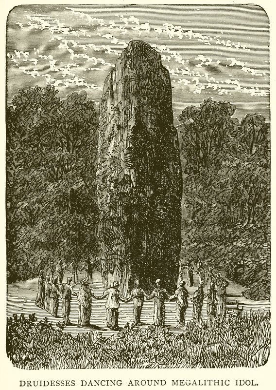 Druidesas bailando alrededor de un ídolo megalítico de English School