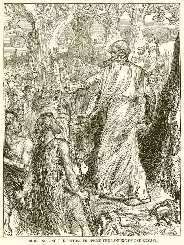 Druidas incitando a los britanos a oponerse al desembarco de los romanos de English School