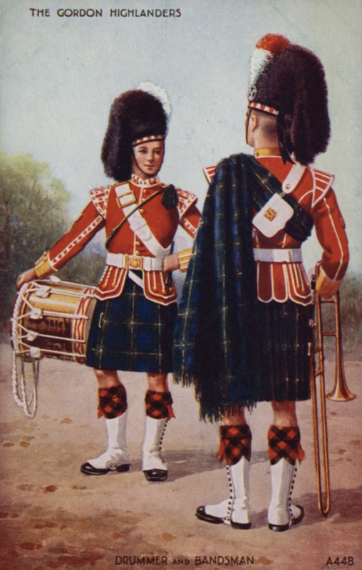 Tamborilero y músico de banda de los Gordon Highlanders (litografía en color) de English School
