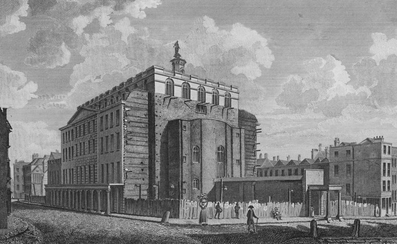 Teatro Drury Lane, Westminster, incendiado en 1809 (grabado) de English School