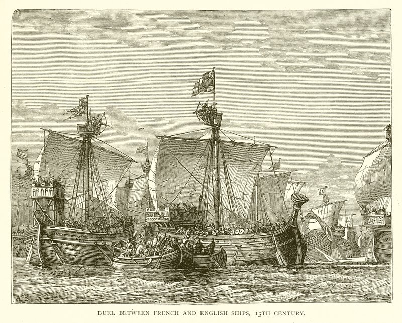 Duelo entre barcos franceses e ingleses, siglo XIII de English School