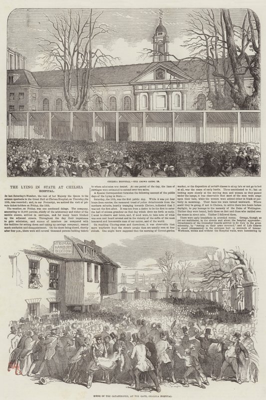 El Duque de Wellington en capilla ardiente en el Hospital de Chelsea (grabado) de English School