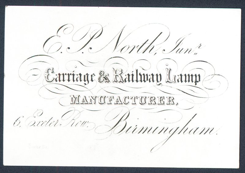 E P North, Junior, fabricante de lámparas para carruajes y ferrocarriles, tarjeta comercial de English School