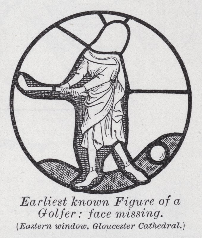 Figura más antigua conocida de un golfista, rostro ausente, ventana oriental, Catedral de Gloucester de English School