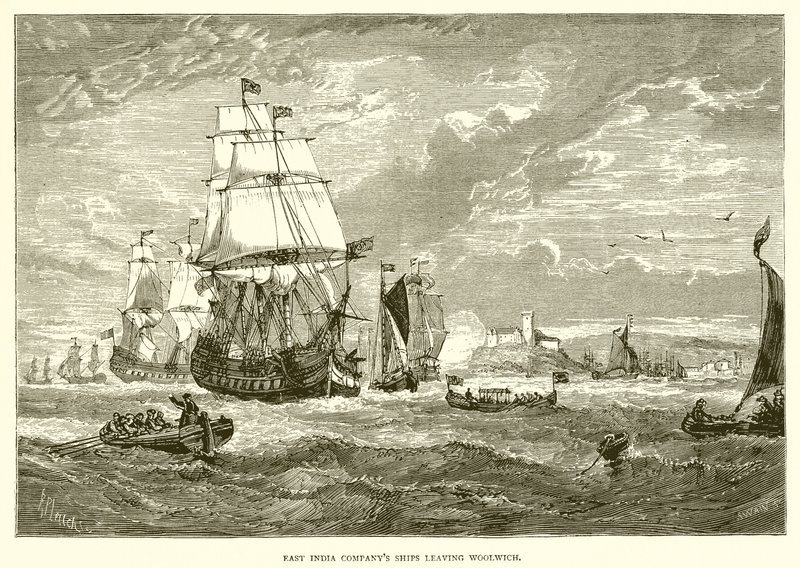 Barcos de la Compañía de las Indias Orientales saliendo de Woolwich (1623) de English School