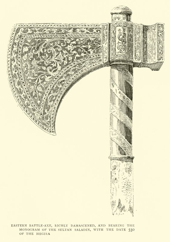 Hacha de batalla oriental, ricamente damasquinada, con el monograma del Sultán Saladino y la fecha 550 de la Hégira de English School
