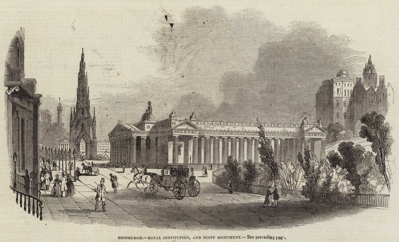 Edimburgo, Institución Real y Monumento a Scott (grabado) de English School