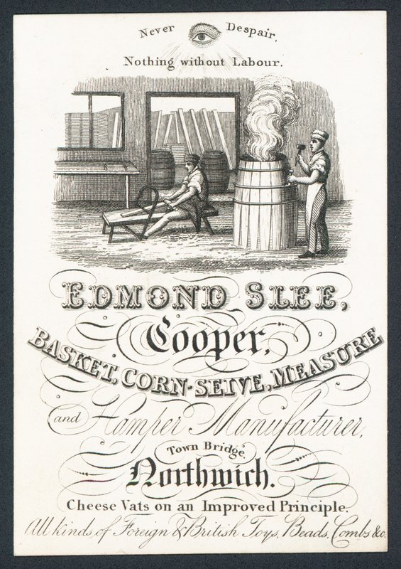 Edmond Slee, fabricante de barriles, cestas, tamices de maíz, medidas y cestas de mimbre, tarjeta comercial de English School