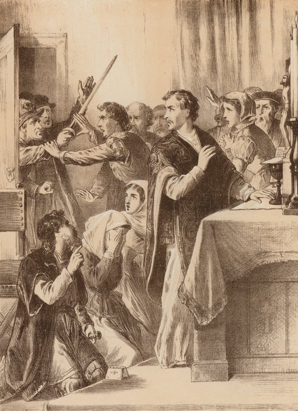 Edmund Genings, "Rompió la puerta de la cámara donde estaba celebrando" (litografía) de English School