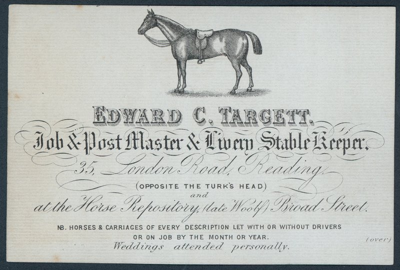 Edward C Targett, maestro de trabajos y postas y encargado de establos, tarjeta comercial de English School