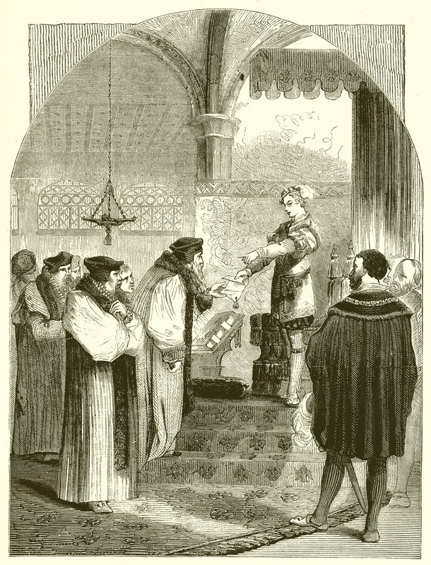 Eduardo VI presentando la orden de ejecución de Joan Bocher al Arzobispo Cranmer de English School
