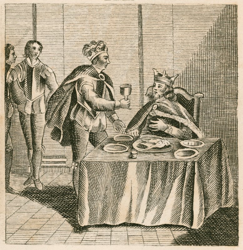 Eduardo, el Príncipe Negro, esperando a su cautivo, el rey Juan II de Francia de English School