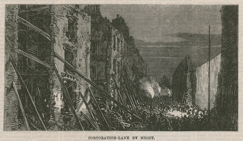 Efectos de la explosión en Clerkenwell: Corporation Lane de noche de English School