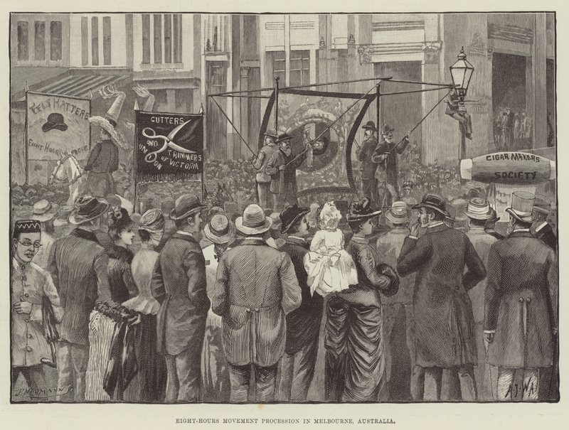 Procesión del Movimiento de Ocho Horas en Melbourne, Australia (grabado) de English School