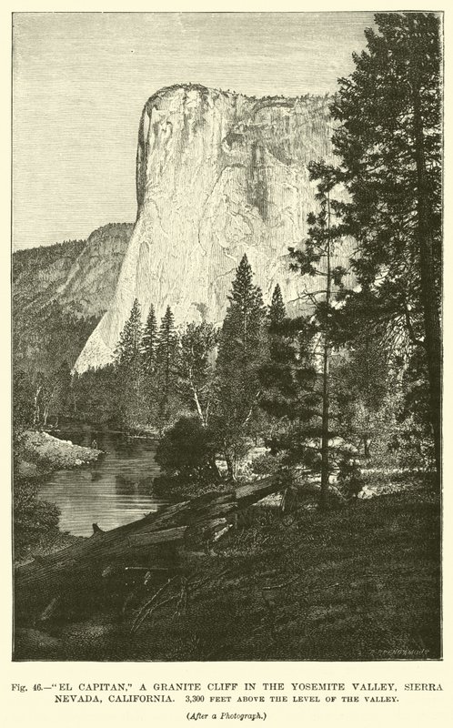 El Capitán, un acantilado de granito en el Valle de Yosemite, Sierra Nevada, California, 3,300 pies sobre el nivel del valle de English School