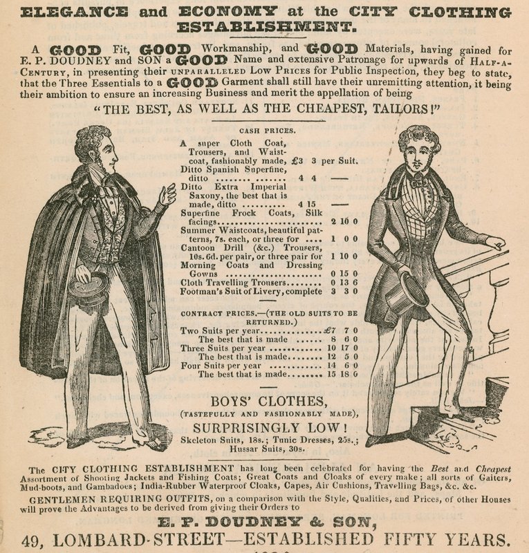 Elegancia y economía en el Establecimiento de Ropa de la Ciudad; E P Doudney & Son, 49 Lombard Street, Londres de English School