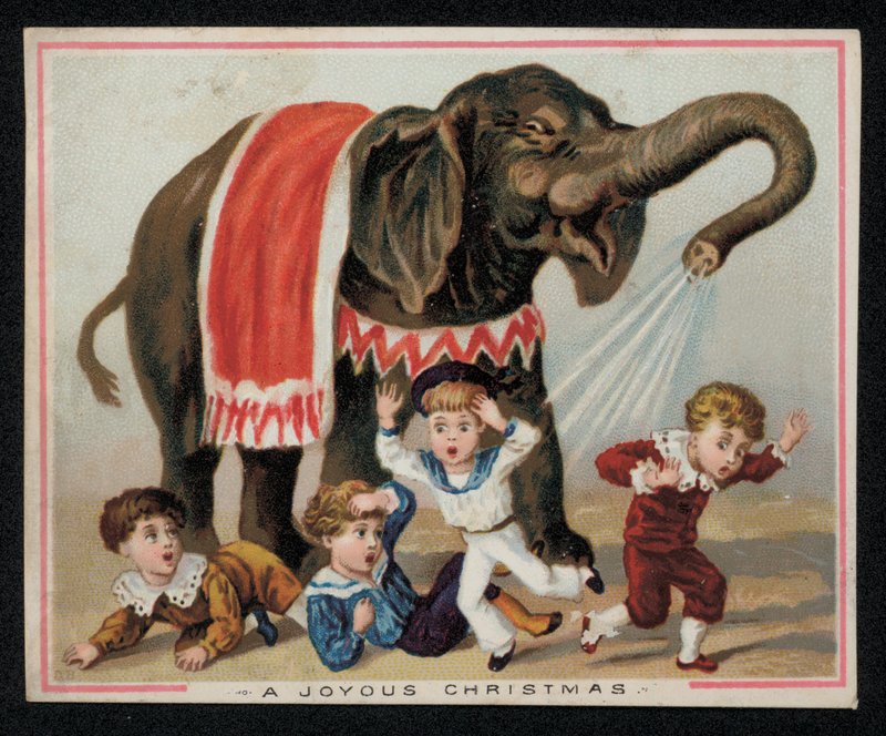 Elefante jugando a rociar a los niños con agua, tarjeta de felicitación de Navidad de English School