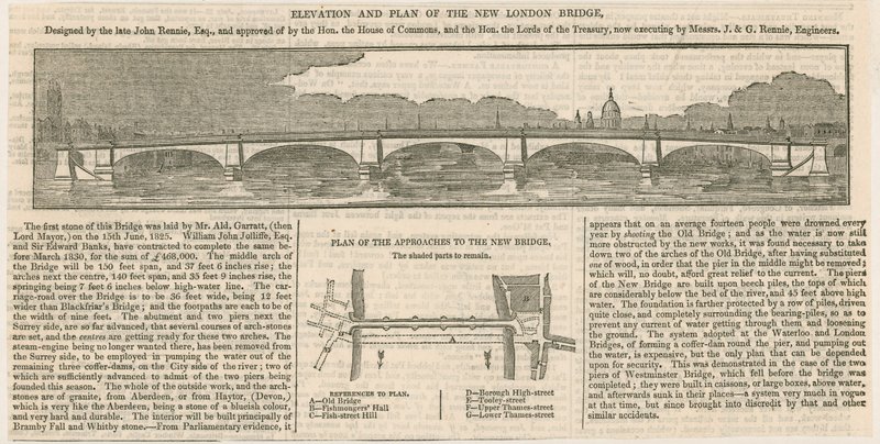 Elevación y plano del nuevo Puente de Londres de English School