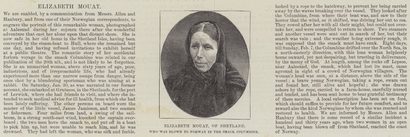 Elizabeth Mouat, de Shetland, que fue llevada a Noruega en el Smack Columbine de English School