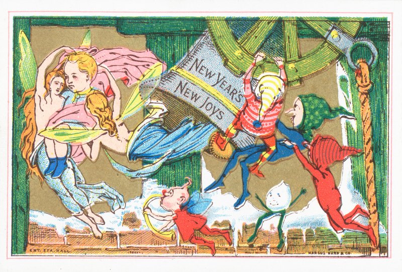 Duendes y ángeles celebrando el Año Nuevo, tarjeta de Año Nuevo de English School