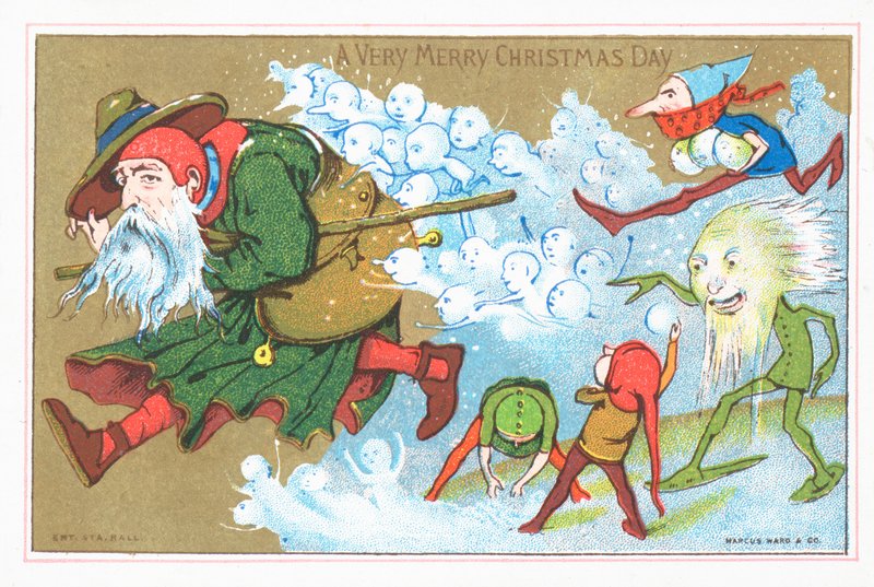 Duendes persiguiendo a Papá Noel, tarjeta de Navidad de English School