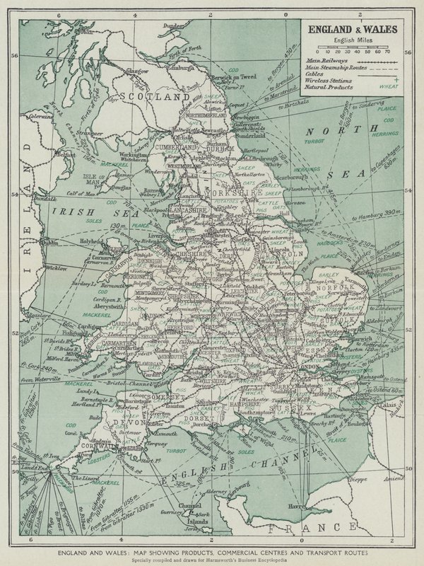 Inglaterra y Gales, Mapa de productos, centros comerciales y vías de transporte (litografía) de English School