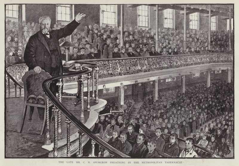 El predicador bautista particular inglés Charles Haddon Spurgeon predicando en el Tabernáculo Metropolitano, Londres de English School