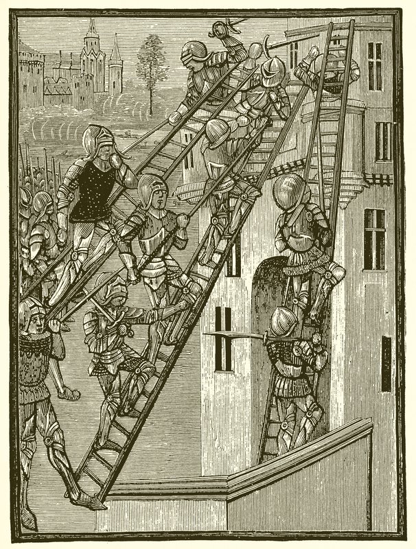 Soldados ingleses escalando una fortaleza en Gascuña, Temp. Eduardo III de English School