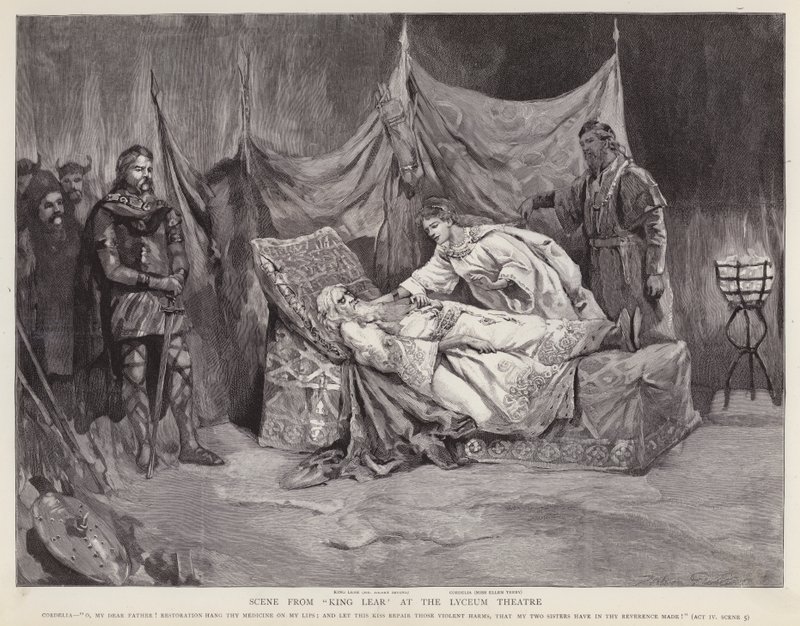 Actores ingleses Henry Irving y Ellen Terry en una producción de El Rey Lear de Shakespeare en el Teatro Lyceum, Londres de English School