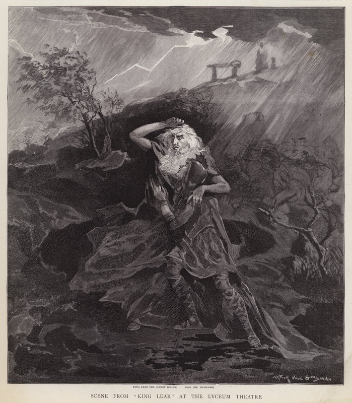Actores ingleses Henry Irving y William Haviland en una producción de El Rey Lear de Shakespeare en el Teatro Lyceum, Londres de English School